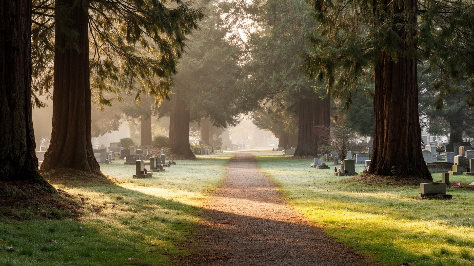 A sunlit path through evergreens in a peaceful British Columbia cemetery